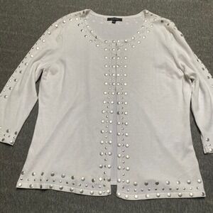Faenza White Studded Cardigan Sweater Hook Eye Front 3/4 Sleeve Large